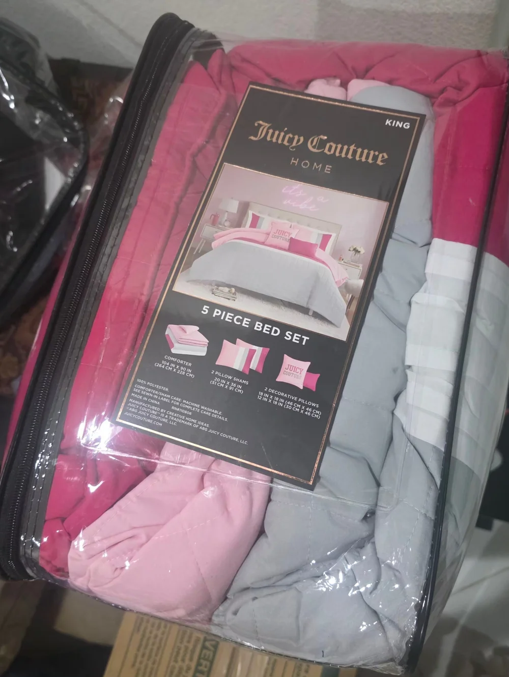 Juicy Couture Pink and Gray Colorblock 5-Piece King Size Bedding Set